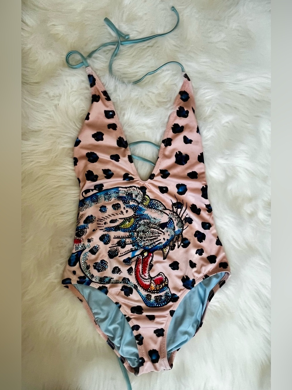 RARE 🦄 Vintage Y2K Ed Hardy Rhinestone Pink Leopard Swimsuit Small
